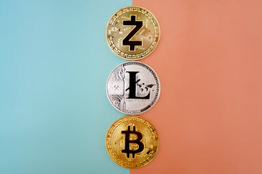 Colorful display of Zcash, Litecoin, and Bitcoin coins on gradient background.