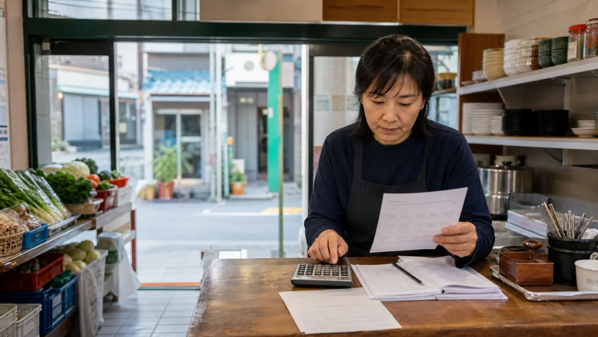 소상공인 사업자가 매출 장부와 은행 상환자료를 계산기로 대조하며 햇살론119 추가대출을 준비하는 장면