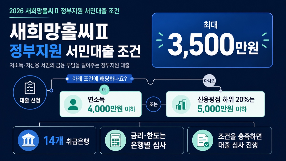 정부지원 서민대출 새희망홀씨Ⅱ의 한도와 소득 기준을 정리한 인포그래픽