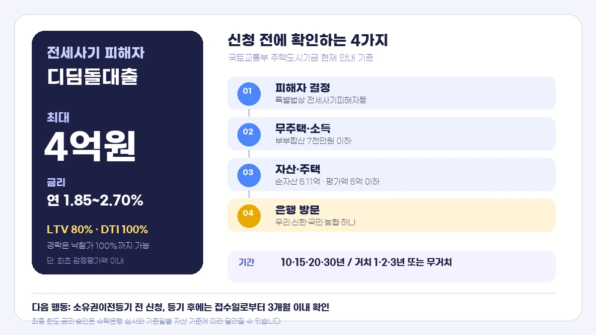 전세사기 피해자 디딤돌대출 최대 4억원과 소득·자산·주택·은행 확인 순서를 정리한 인포그래픽