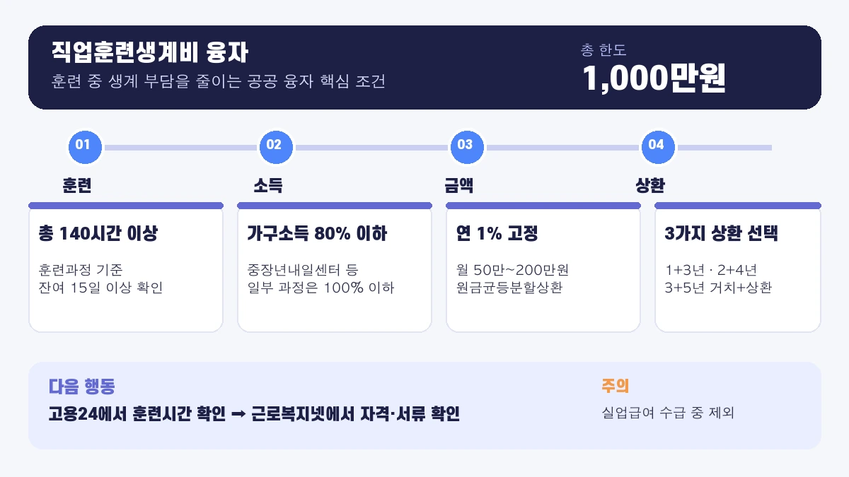 직업훈련생계비 융자의 140시간·소득·한도·상환 선택과 신청 순서를 정리한 인포그래픽