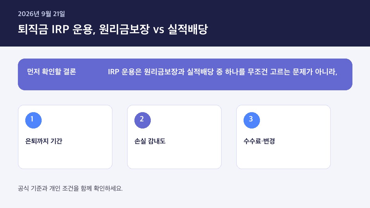 퇴직금 IRP 운용 원리금보장 실적배당 40대 선택 — 핵심 판단 기준을 정리한 인포그래픽