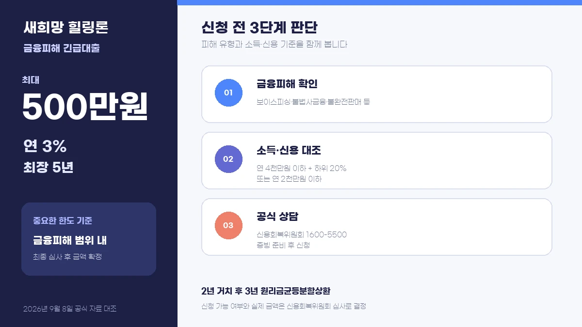 새희망 힐링론 500만원의 금융피해 유형·소득·신용 기준과 신용회복위원회 상담 순서를 보여주는 인포그래픽