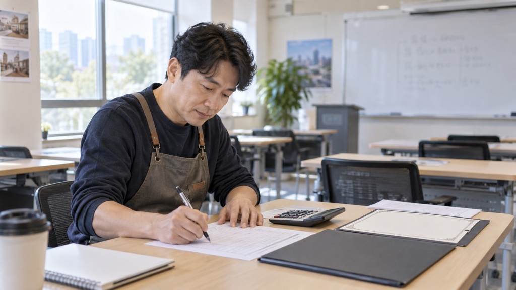 경기도 소상공인 경영개선자금 신청을 위해 교육장에서 사업계획서와 비용계획을 작성하는 장면