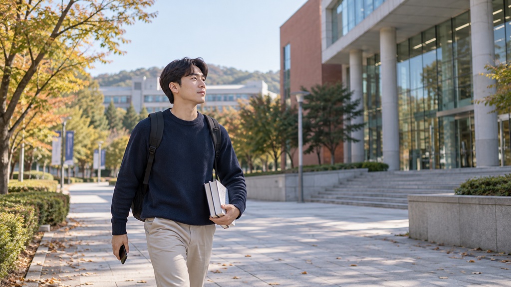 희망사다리론 학자금 상담을 앞둔 성인 학습자가 대학 캠퍼스로 이동하는 모습