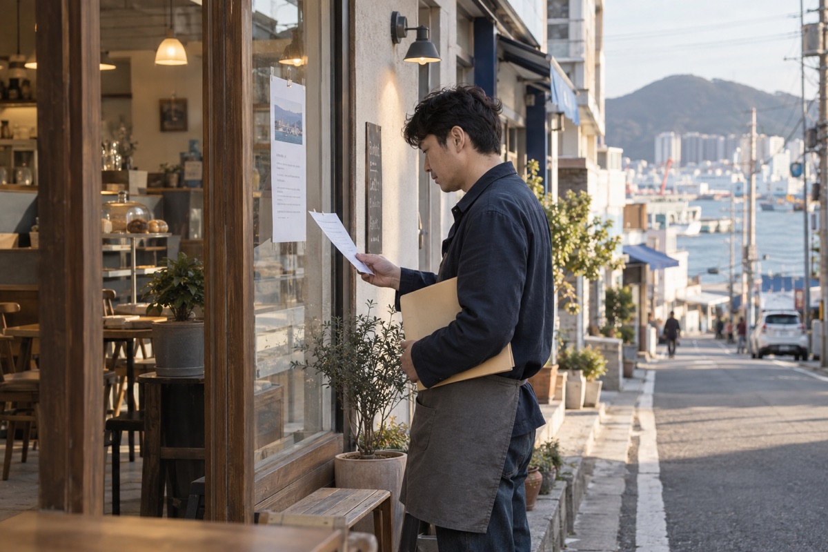 부산 소상공인 1%대 대출 신청방법에 따라 매장 앞에서 운전자금 정보를 확인하는 모습